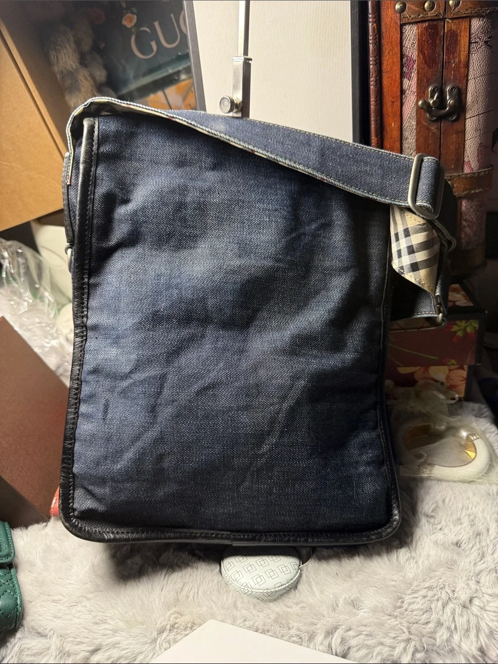 Burberry Blue Denim Messenger Bag with Beige Check Strap